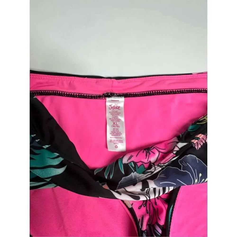 Justice Girl Rash Guard SET 2 pc Black Floral  Swimsuit UPF 50+ Sz16-18(XL)